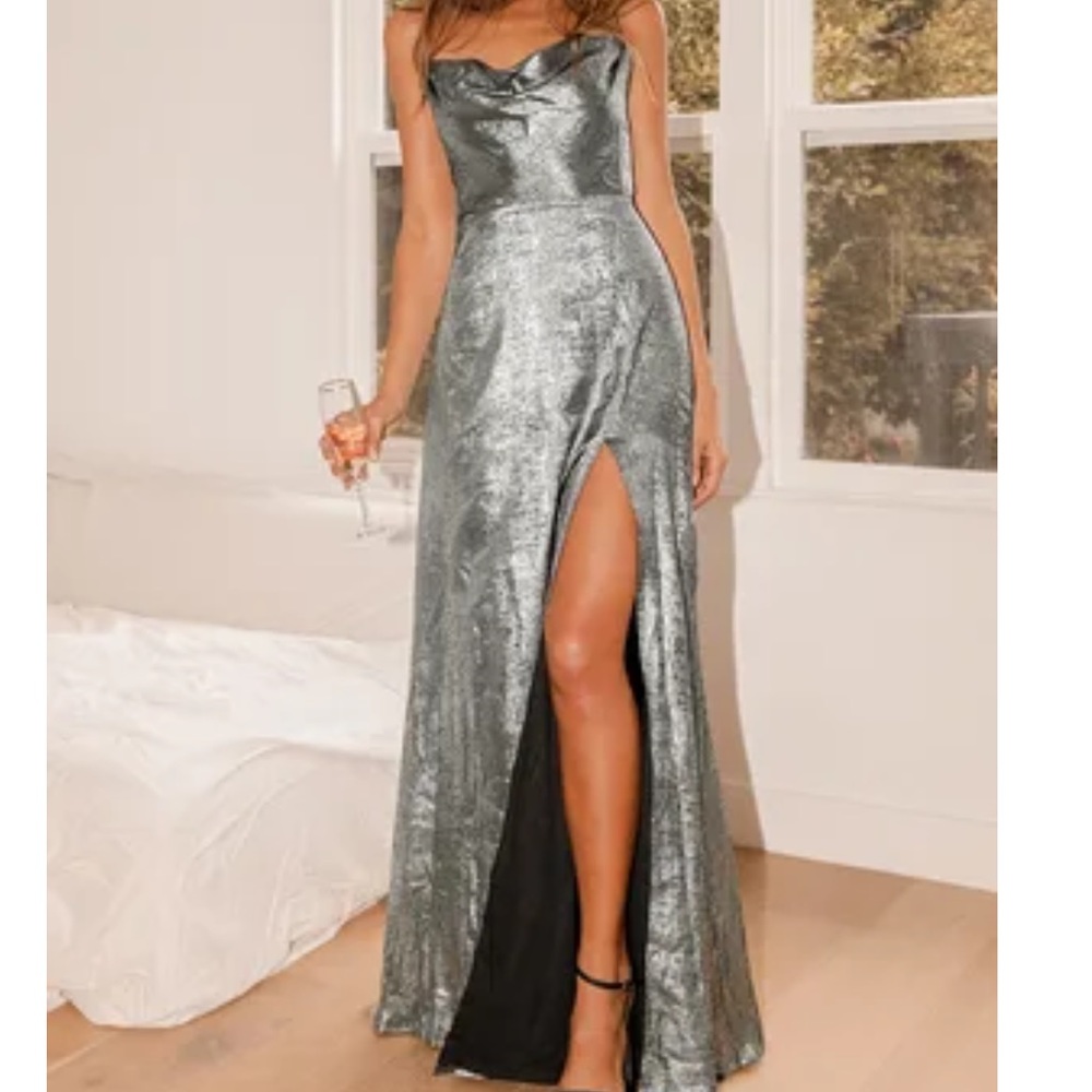 Silver Metallic Cocktail Maxi Dress